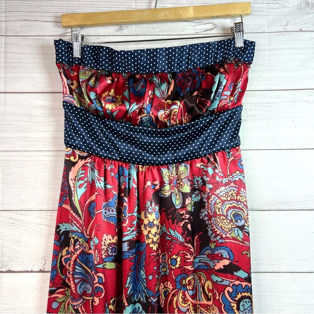 Vintage Forever 21 Blue Red Floral Strapless Maxi Satin Dress Size L Y2K Boho